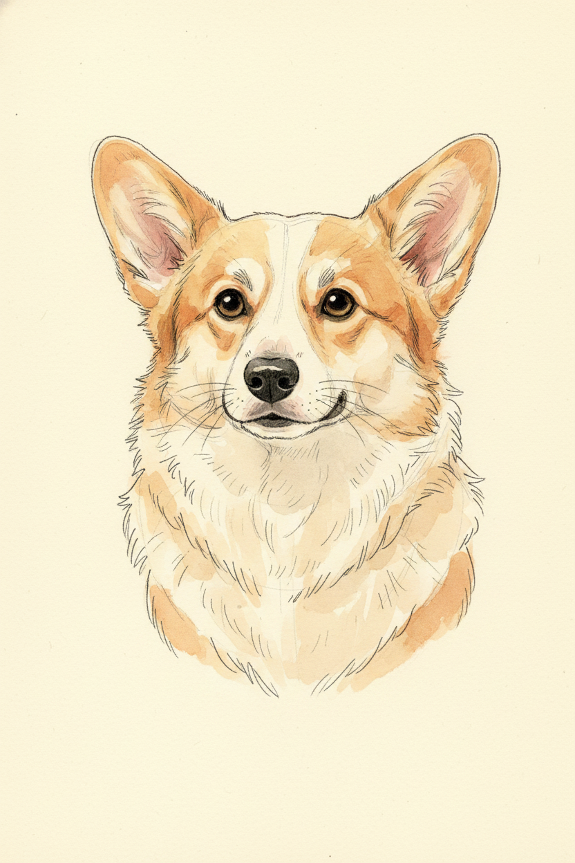 Coco the Pembroke Corgi rendered in a whimsical storybook illustration style