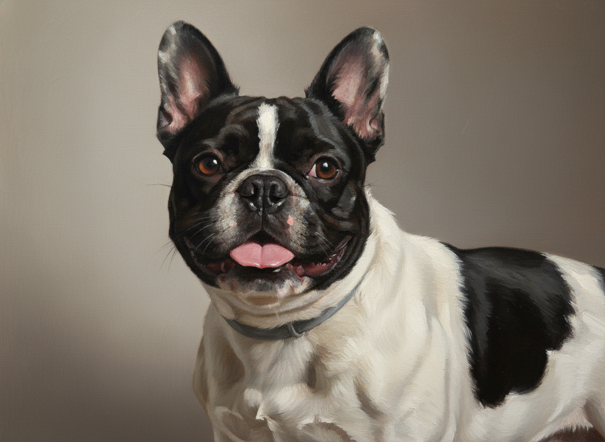 Beau the French Bulldog rendered as a classical oil painting