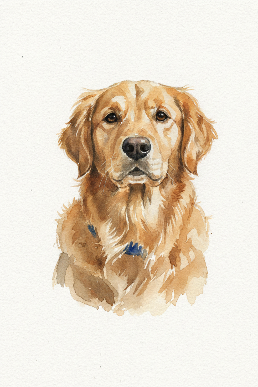 Archie the Golden Retriever rendered in delicate watercolour washes