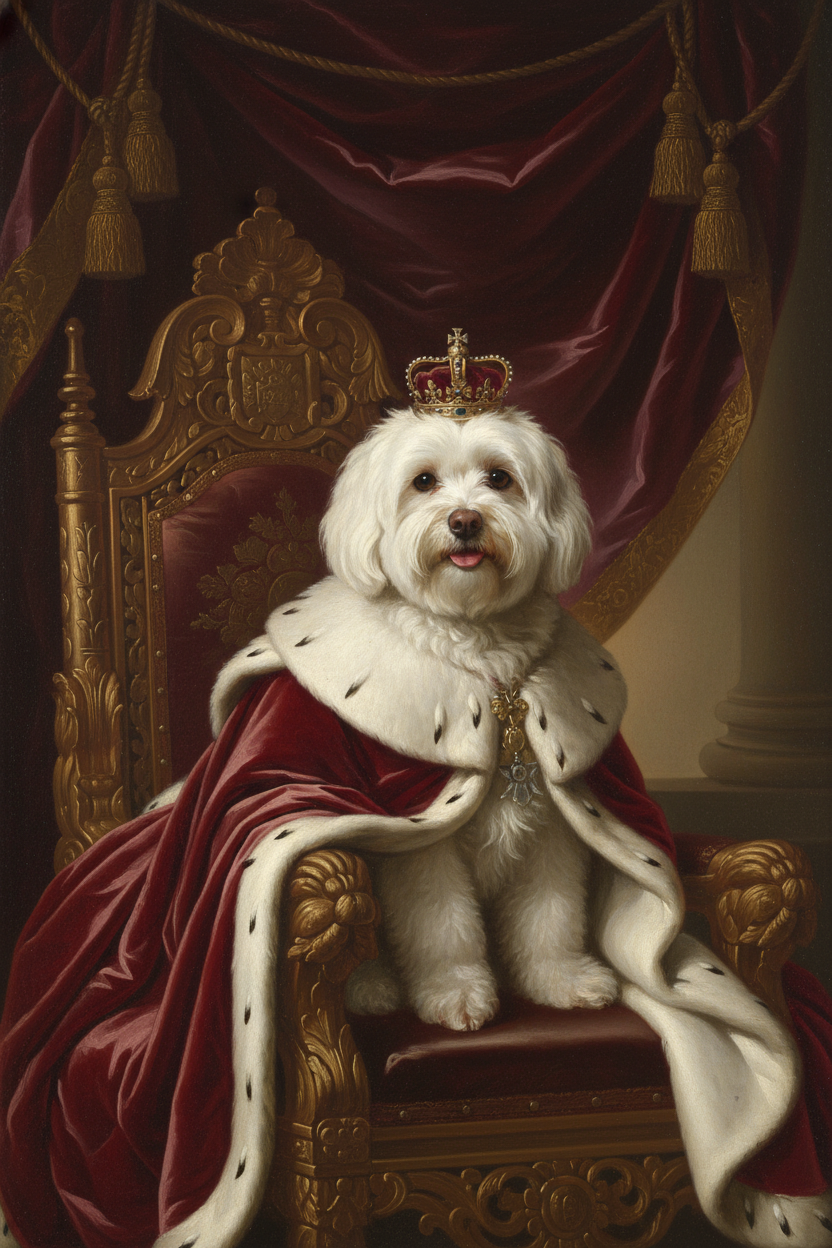 Bella the Maltese Terrier rendered as an 18th-century royal portrait: jewelled crown, crimson velvet cape, oil-paint technique