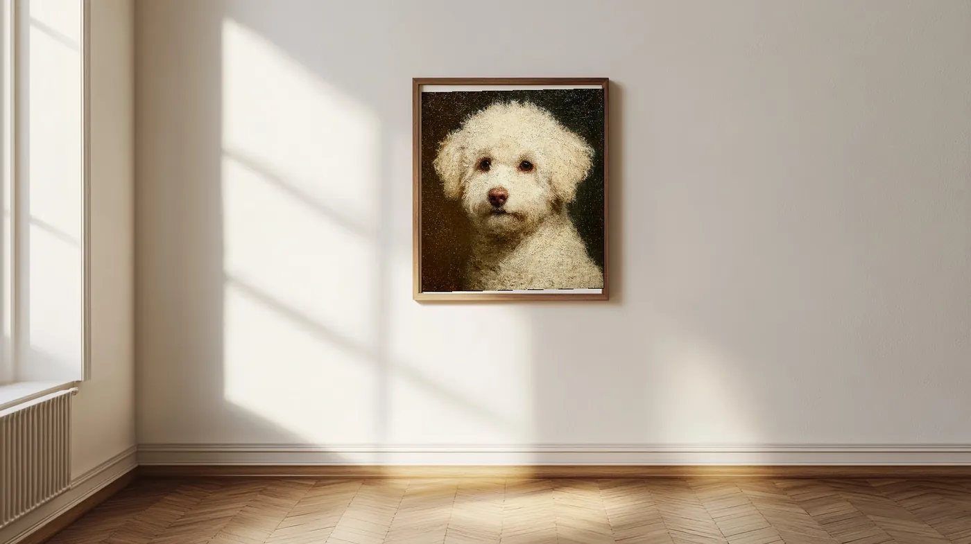A framed oil-painting pet portrait on a sunlit wall