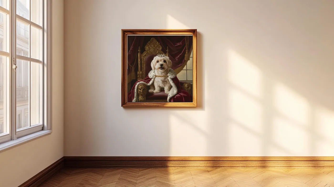 A framed royal-style pet portrait hung on a wall