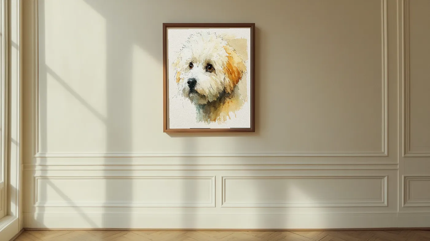A framed soft watercolour pet portrait on a wall