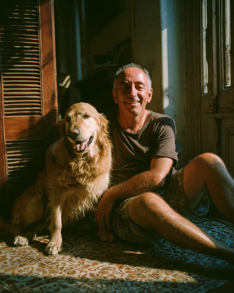 A dog dad smiling beside his golden dog at home, warm evening light through timber shutters