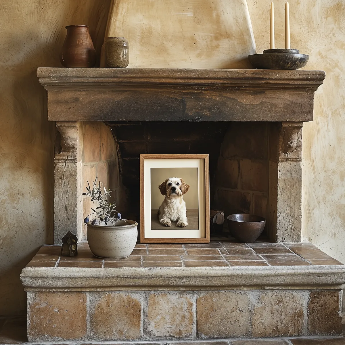 A framed pet portrait on a mantelpiece above a fireplace