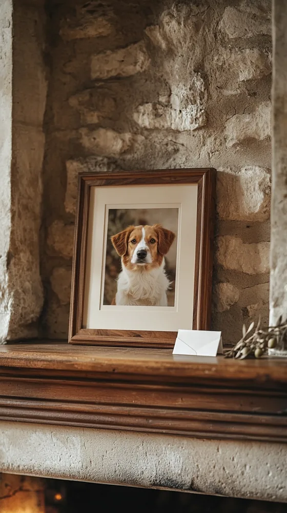 A framed dog portrait leaning on a rustic mantelpiece beside a handwritten envelope and a sprig of olive