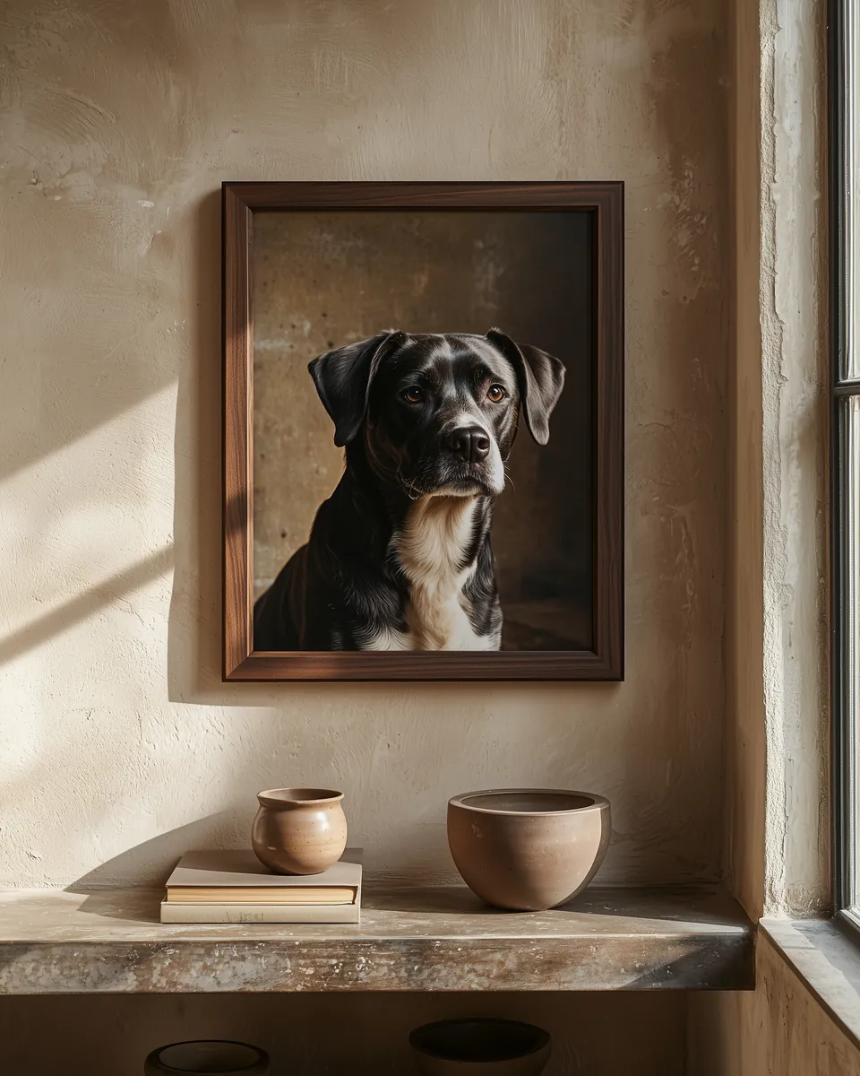 A framed pet portrait propped in a book-lined study