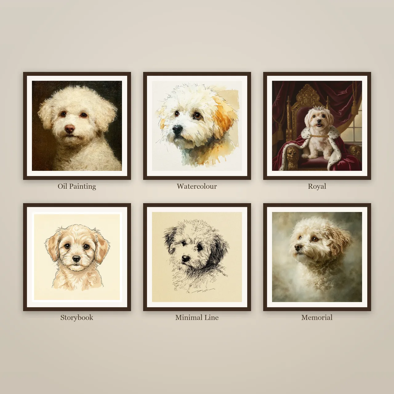 The same dog rendered in six different portrait styles, arranged as a grid on a table