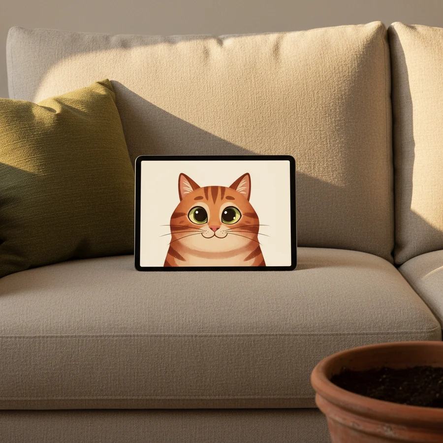 An iPad on a linen sofa showing a French bulldog royal portrait
