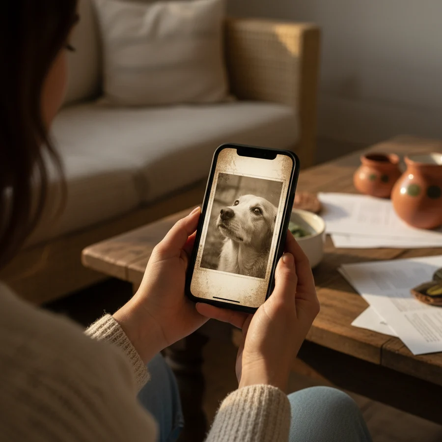 A woman holding her phone showing a golden retriever memorial portrait