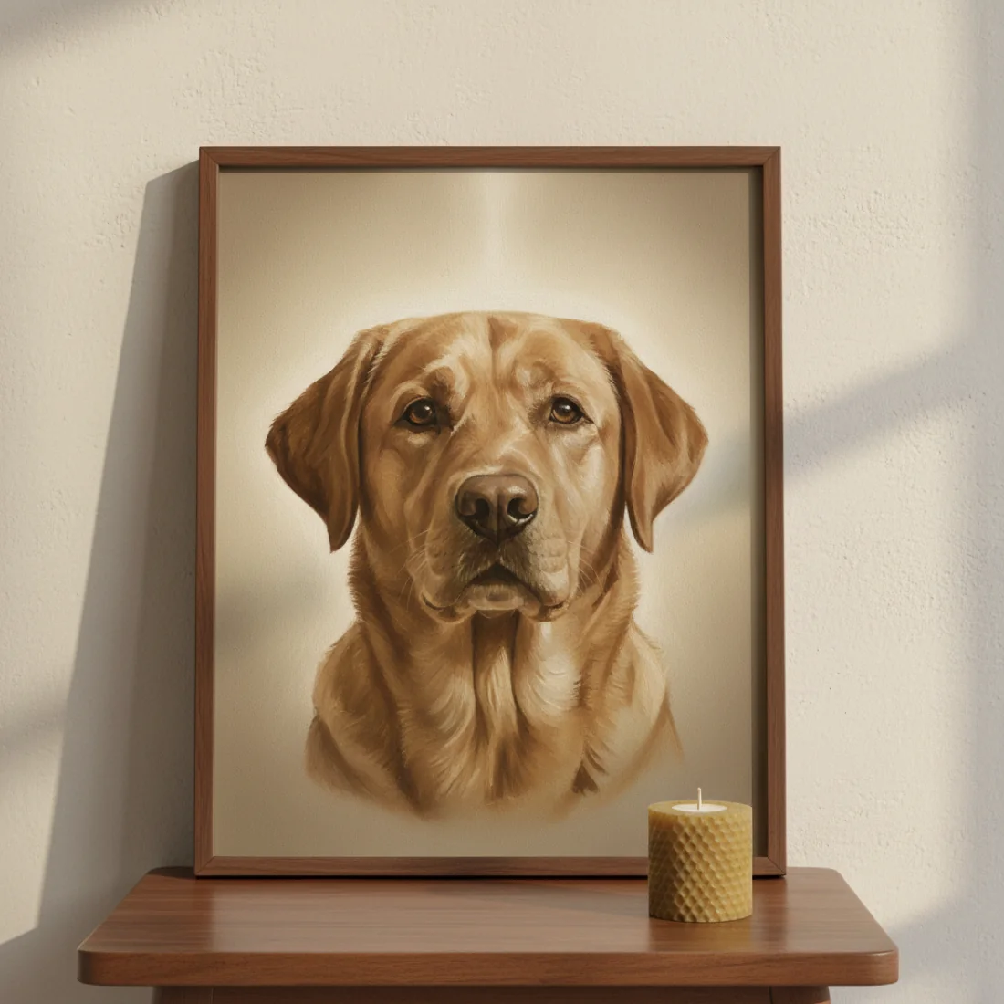 Memorial portrait in a walnut frame on a side table